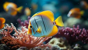 ai généré vibrant pitre poisson nager au dessous de le coloré corail récif généré par ai photo