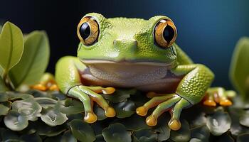 ai généré une mignonne rouge regardé arbre grenouille séance sur une humide feuille généré par ai photo