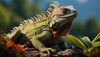 ai généré une mignon, petit lézard rampe sur une vert branche généré par ai photo