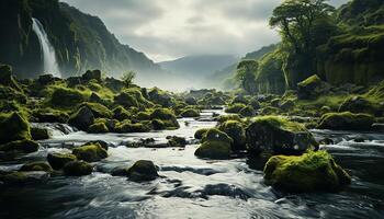 ai généré majestueux Montagne culminer, cascade écoulement, tranquille scène, vert forêt généré par ai photo