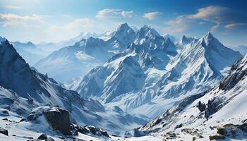 ai généré Montagne culminer, neige couvert paysage, hiver aventure, bleu ciel, majestueux beauté généré par ai photo