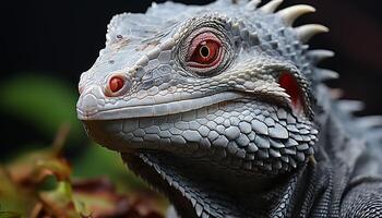 ai généré une mignonne vert iguane à la recherche à caméra dans tropical forêt généré par ai photo