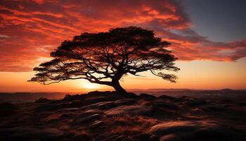 ai généré silhouette de acacia arbre sur africain savane à le coucher du soleil généré par ai photo