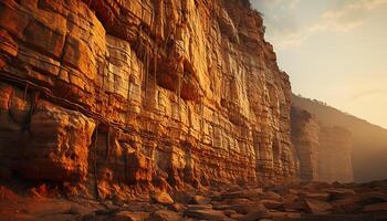 ai généré majestueux Montagne culminer, érodé calcul, tranquille paysage marin, Jaune le coucher du soleil généré par ai photo