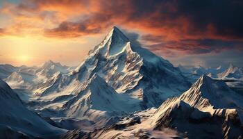 ai généré majestueux Montagne culminer, neige couvert paysage, ciel à le coucher du soleil généré par ai photo