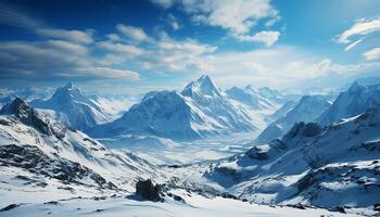 ai généré majestueux Montagne culminer, bleu ciel, congelé paysage, tranquille beauté généré par ai photo