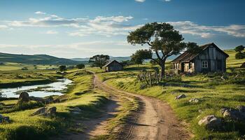 ai généré tranquille prairie, vert montagnes, rustique ferme, serein coucher de soleil, la nature beauté généré par ai photo