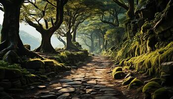 ai généré tranquille forêt chemin révèle ancien calcul, mystérieux beauté dans la nature généré par ai photo