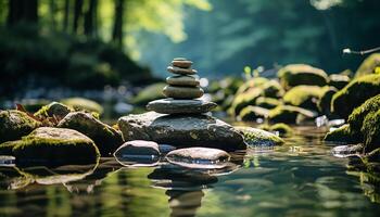 ai généré tranquille scène équilibre pierre empiler, reflétant harmonie dans la nature généré par ai photo