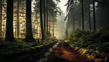 ai généré mystérieux l'automne forêt, brumeux chemin, tranquille beauté dans la nature généré par ai photo