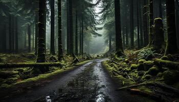 ai généré mystérieux brouillard couvertures tranquille forêt, révélateur la nature caché beauté généré par ai photo