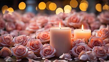 ai généré romantique bougie brûlant, embrasé flamme illumine élégant fleur arrangement généré par ai photo