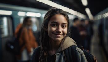 ai généré Jeune femmes à la recherche à caméra, souriant, confiant, dans métro station généré par ai photo