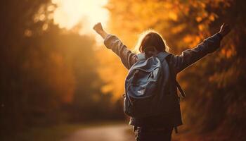 ai généré un la personne randonnée dans l'automne forêt, profiter le le coucher du soleil généré par ai photo