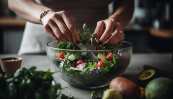 ai généré en bonne santé en mangeant un la personne prépare Frais végétarien salade à l'intérieur généré par ai photo