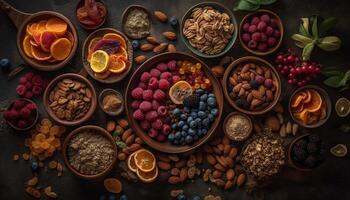 ai généré en bonne santé en mangeant Frais fruit bol avec myrtilles, framboises, et amandes généré par ai photo