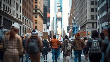 ai généré diverse groupe marches avec manifestation panneaux dans doux Naturel lumière paysage urbain dans Contexte photo