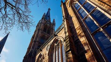 ai généré historique cathédrale grandeur monte en flèche contre clair bleu ciel photo