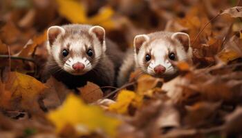 ai généré mignonne petit mammifère en jouant dans l'automne forêt, duveteux furet généré par ai photo