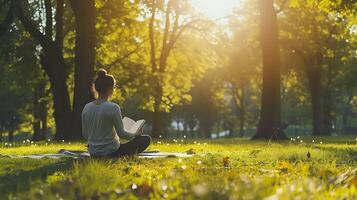 ai généré tranquille la nature réflexion et yoga parmi pommelé lumière du soleil photo
