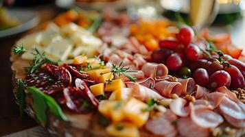 ai généré rustique charcuterie délice assorti fromage viandes des fruits et des noisettes capturé dans doux Naturel lumière photo