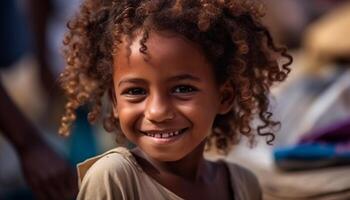 ai généré souriant enfant avec frisé cheveux jouit de bonne humeur Extérieur jouer généré par ai photo