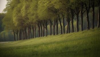 ai généré tranquille prairie, vert des arbres, l'automne feuilles, le coucher du soleil beauté dans la nature généré par ai photo