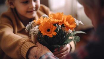 ai généré une content famille à l'intérieur, en portant une bouquet de fleurs généré par ai photo