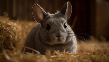 ai généré mignonne duveteux lapin séance dans le herbe, à la recherche à caméra généré par ai photo