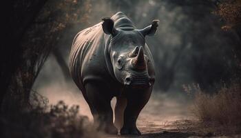 ai généré grand rhinocéros pâturage dans le africain région sauvage, force et beauté généré par ai photo