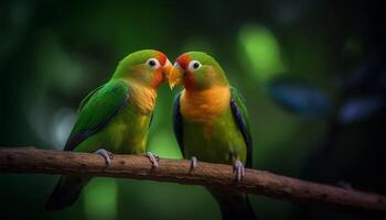 ai généré mignonne ara se percher sur bifurquer, à la recherche à vibrant tropical la nature généré par ai photo