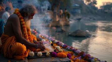 ai généré hindou prêtre conduit traditionnel Feu rituel dans plein air temple au milieu de coloré guirlandes et vacillant flammes photo