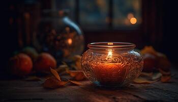 ai généré rustique bois table avec l'automne feuille décoration et bougie lanterne généré par ai photo