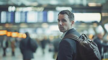 ai généré sur de soi homme d'affaire enjambées par occupé aéroport Terminal au milieu de flou les voyageurs et Départ planches photo