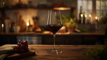 ai généré élégant rouge du vin verre repose sur en bois table dans confortable faible lumière capturé avec 50 mm lentille photo