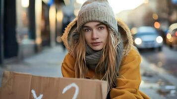 ai généré Jeune sans abri femme détient signe baigné dans doux Naturel lumière sur trottoir photo