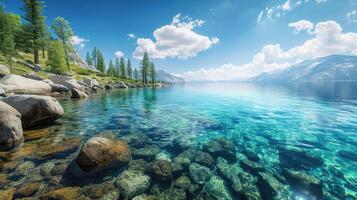 ai généré panoramique vue de le serein Montagne Lac Tahoe, où le Azur des eaux rencontrer le majestueux Montagne gamme, ai généré photo