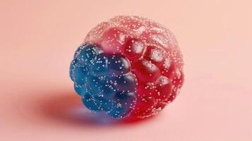 ai généré réaliste gommeux bonbons en forme de comme une myrtille, avec Trois couleurs, élastique texture, et sucre saupoudrer, ai généré photo