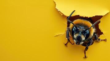 ai généré une humoristique abeille pairs par une déchiré trou dans une contraste pastel Couleur papier arrière-plan, ai généré photo