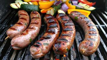 ai généré saucisses grésillant sur le gril aux côtés de grillé légumes, séduisant arôme remplit le air, ai généré photo