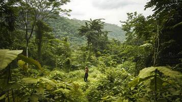 ai généré serein femme immergé dans luxuriant forêt région sauvage entouré par imposant des arbres et enveloppé dans Naturel immensité photo