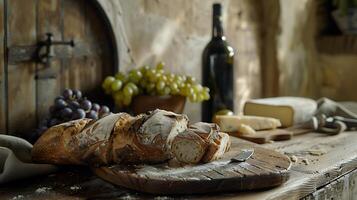 ai généré rustique table réglage fraîchement cuit pain fromage les raisins et du vin capturé avec attrayant 50 mm lentille photo