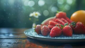 ai généré coloré fruit plat sur en bois table mûr des fraises et juteux pastèque baigné dans doux Naturel lumière photo