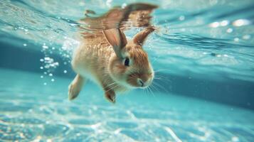 ai généré hilarant sous-marin scène lapin dans bassin pièces Profond se plonger action, ai généré. photo