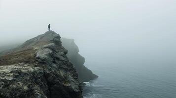 ai généré embrassement le inconnue falaise contemplation au milieu de roulant brouillard et turbulent les mers photo