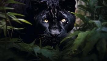 ai généré mignonne félin séance dans le vert forêt généré par ai photo