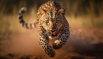 ai généré majestueux guépard en marchant dans africain région sauvage, rayé fourrure généré par ai photo