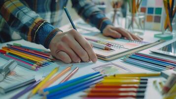 ai généré Créatif designer immergé dans numérique travail entouré par Couleur échantillons des stylos et carnets de croquis photo