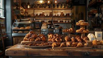 ai généré chaleureusement allumé boulangerie afficher vitrines Frais des croissants et des pâtisseries dans rustique réglage photo