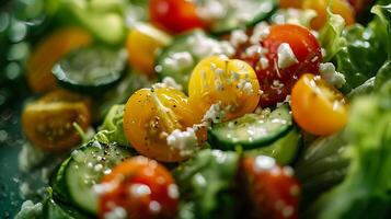 ai généré coloré macro coup capture Frais salade avec salade tomates concombres et feta fromage dans doux Naturel lumière photo